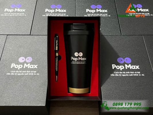 Set Quà Tặng ( Ly+Bút) Màu Đen - In Khắc Logo Pop Max