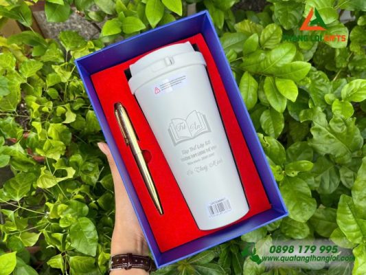 Set Quà Tặng (Ly + Bút) – In Khắc Logo Trường THPT Lương Thế Vinh