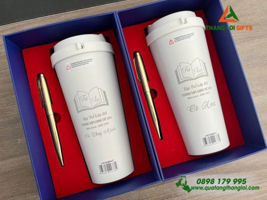 Set Quà Tặng (Ly + Bút) – In Khắc Logo Trường THPT Lương Thế Vinh