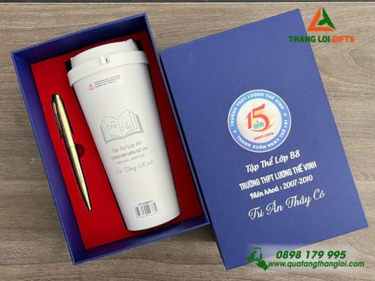 Set Quà Tặng (Ly + Bút) – In Khắc Logo Trường THPT Lương Thế Vinh