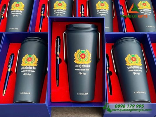 Combo Quà Tặng (Ly+Bút) Màu Xanh – In Khắc Logo Chi Bộ Công An