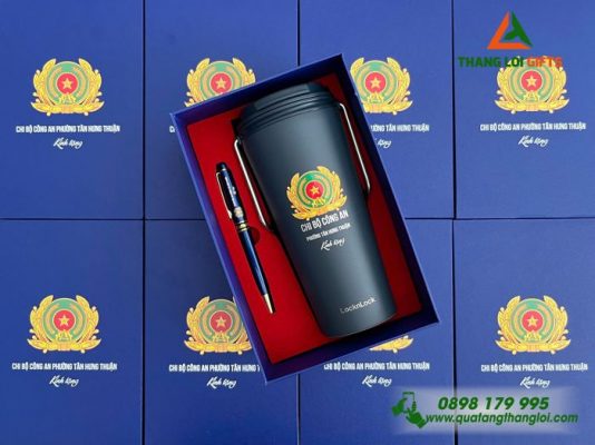 Combo Quà Tặng (Ly+Bút) Màu Xanh – In Khắc Logo Chi Bộ Công An