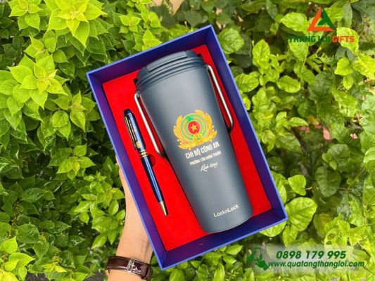 Combo Quà Tặng (Ly+Bút) Màu Xanh – In Khắc Logo Chi Bộ Công An