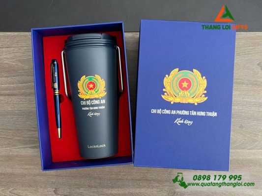 Combo Quà Tặng (Ly+Bút) Màu Xanh – In Khắc Logo Chi Bộ Công An