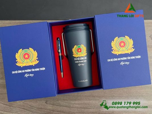 Combo Quà Tặng (Ly+Bút) Màu Xanh – In Khắc Logo Chi Bộ Công An