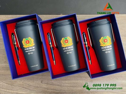 Combo Quà Tặng (Ly+Bút) Màu Xanh – In Khắc Logo Chi Bộ Công An