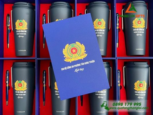 Combo Quà Tặng (Ly+Bút) Màu Xanh – In Khắc Logo Chi Bộ Công An