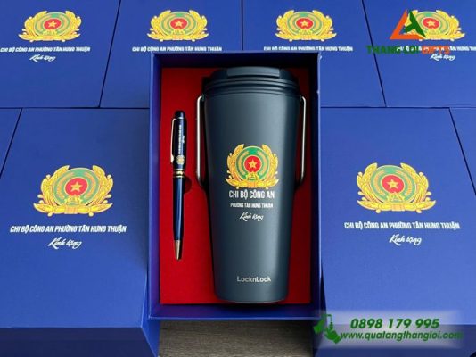 Combo Quà Tặng (Ly+Bút) Màu Xanh – In Khắc Logo Chi Bộ Công An