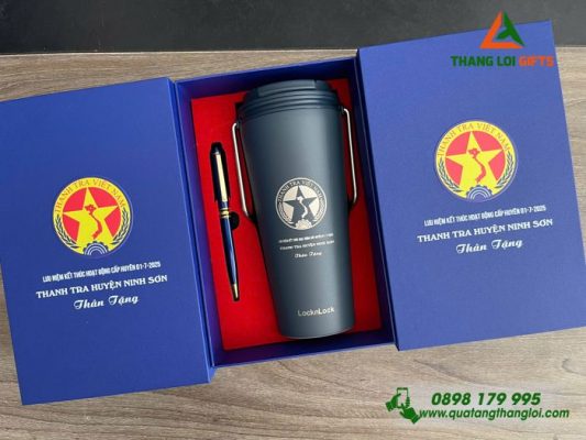 Bộ Quà Tặng (Ly + Bút) Màu Xanh – In Khắc Logo Thanh Tra Việt Nam
