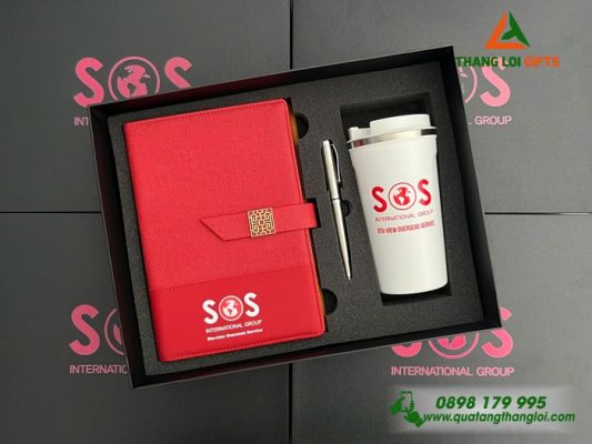 Gifset ( Sổ+ Ly+ Bút ) - In Khắc Logo Doanh Nghiệp SOS