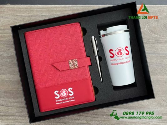 Gifset ( Sổ+ Ly+ Bút ) - In Khắc Logo Doanh Nghiệp SOS
