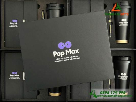 Bộ Quà Tặng (Sổ + Ly + Bút) Màu Đen - In Khắc Logo Pop Max