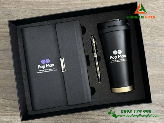 Bộ Quà Tặng (Sổ + Ly + Bút) Màu Đen - In Khắc Logo Pop Max