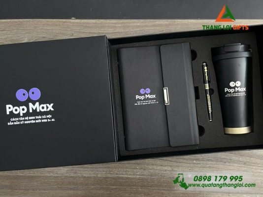 Bộ Quà Tặng (Sổ + Ly + Bút) Màu Đen - In Khắc Logo Pop Max