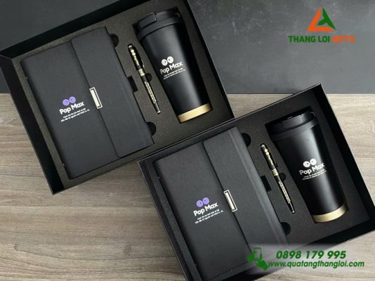 Bộ Quà Tặng (Sổ + Ly + Bút) Màu Đen - In Khắc Logo Pop Max