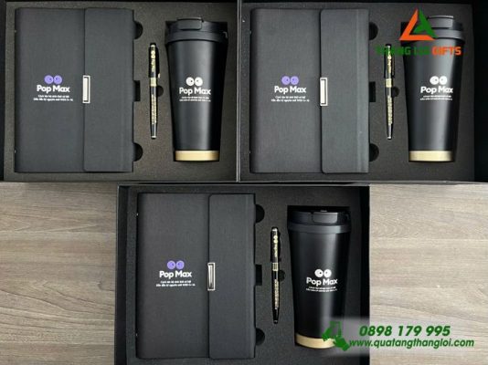 Bộ Quà Tặng (Sổ + Ly + Bút) Màu Đen - In Khắc Logo Pop Max