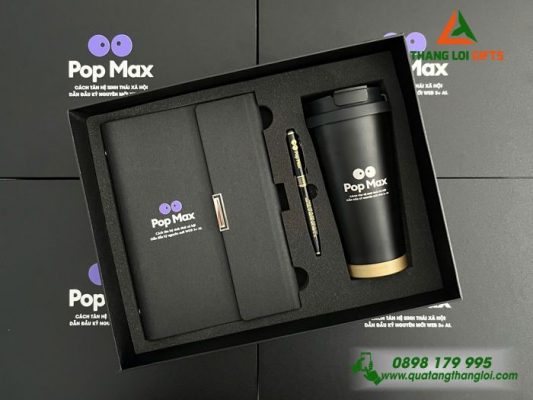 Bộ Quà Tặng (Sổ + Ly + Bút) Màu Đen - In Khắc Logo Pop Max