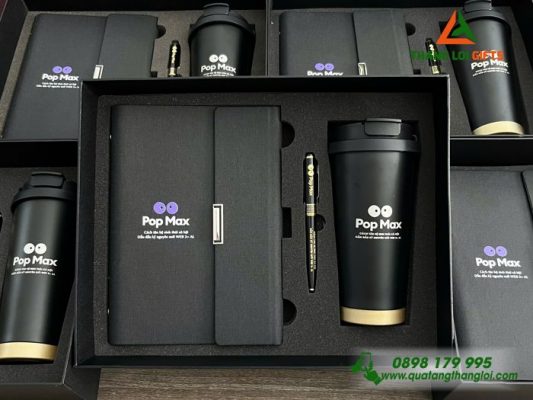 Bộ Quà Tặng (Sổ + Ly + Bút) Màu Đen - In Khắc Logo Pop Max