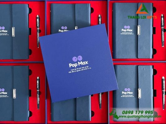 Combo Quà Tặng (Sổ + Bút) Màu Xanh – In Khắc Logo Pop Max
