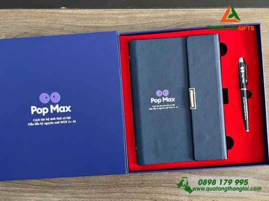 Combo Quà Tặng (Sổ + Bút) Màu Xanh – In Khắc Logo Pop Max