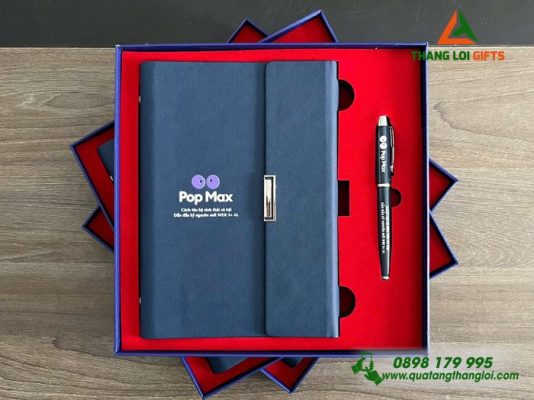 Combo Quà Tặng (Sổ + Bút) Màu Xanh – In Khắc Logo Pop Max