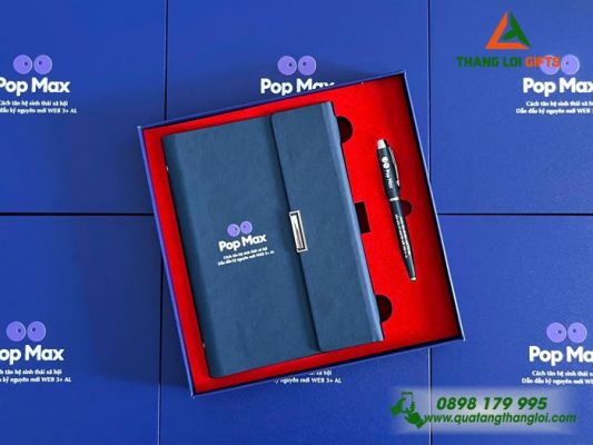 Combo Quà Tặng (Sổ + Bút) Màu Xanh – In Khắc Logo Pop Max