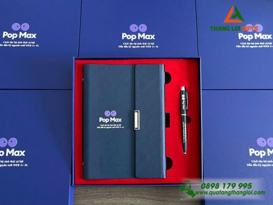 Combo Quà Tặng (Sổ + Bút) Màu Xanh – In Khắc Logo Pop Max