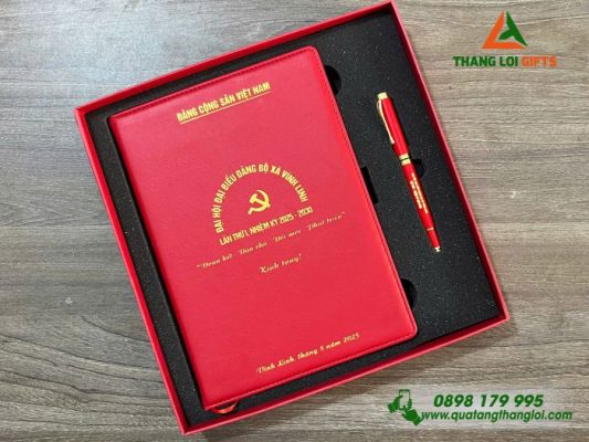 Set Quà Tặng (Sổ+Bút) Màu Đỏ – In Khắc Logo Đảng Làm Quà Đại hội Đảng Bộ Vĩnh Linh