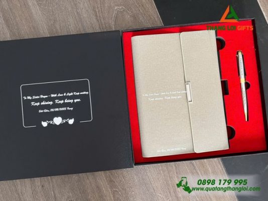 Bộ Quà Tặng (Sổ+Bút) Trắng Kem - In Khắc Nội Dung Làm Qùa Tặng