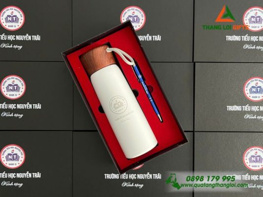 Bộ Quà Tặng (Bình+Bút) – Khắc Logo Trường Tiểu Học Nguyễn Trãi