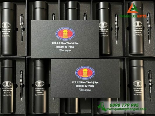 Bộ Quà Tặng (Bình Giữ Nhiệt & Bút Ký) - Màu Đen - Khắc Logo USSH