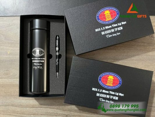 Bộ Quà Tặng (Bình Giữ Nhiệt & Bút Ký) - Màu Đen - Khắc Logo USSH