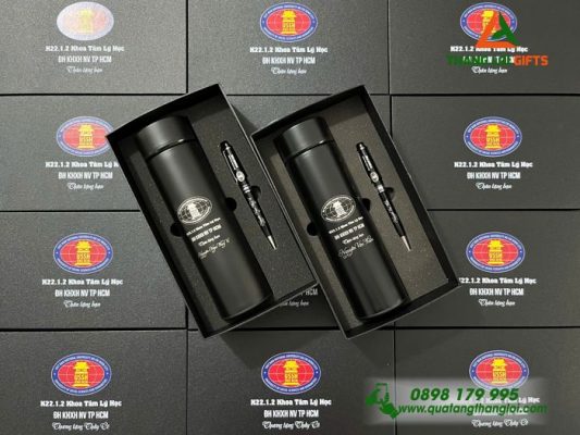 Bộ Quà Tặng (Bình + Bút) Màu Đen – Khắc Tên Trường Làm Quà Tặng