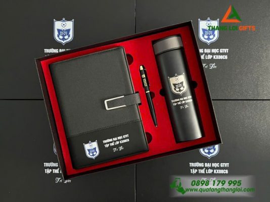 Gifset (Sổ+ Bình+ Bút) Màu Đen – In Khắc Logo Trường Đại Học GTVT