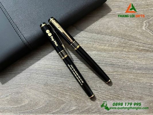 Bút Ký Kim Loại – Màu Đen Khoen Vàng – Khắc Logo Pop Max