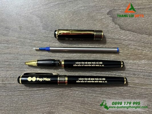 Bút Ký Kim Loại – Màu Đen Khoen Vàng – Khắc Logo Pop Max