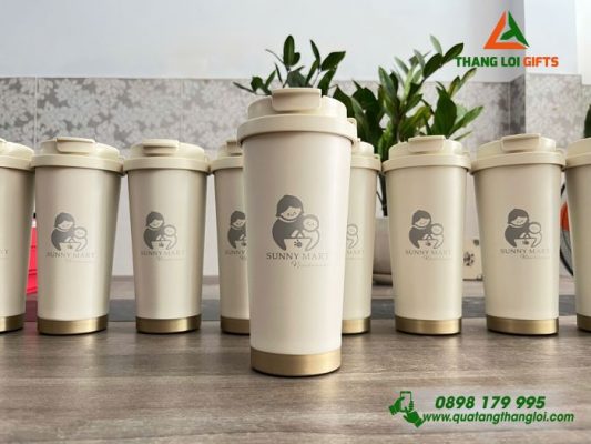 Ly Giữ Nhiệt Màu Trắng Kem - Khắc Logo Doanh Nghiệp Sunny Mart