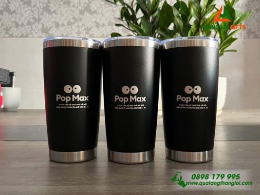 Ly Giữ Nhiệt 600ml Màu Đen - Khắc Logo Kênh Truyền Hình Pop Max
