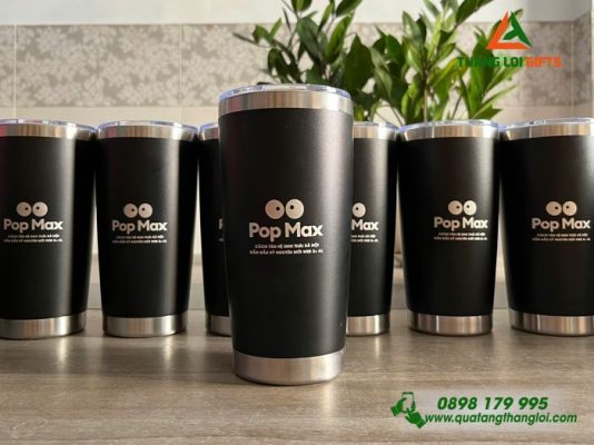 Ly Giữ Nhiệt 600ml Màu Đen - Khắc Logo Kênh Truyền Hình Pop Max