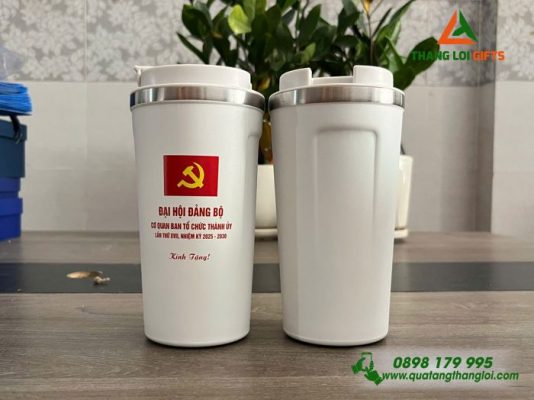 Ly Giữ Nhiệt Coffe 510ml - Màu Trắng - In Logo Đại Hội Đảng Bộ