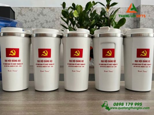 Ly Giữ Nhiệt Coffe 510ml - Màu Trắng - In Logo Đại Hội Đảng Bộ