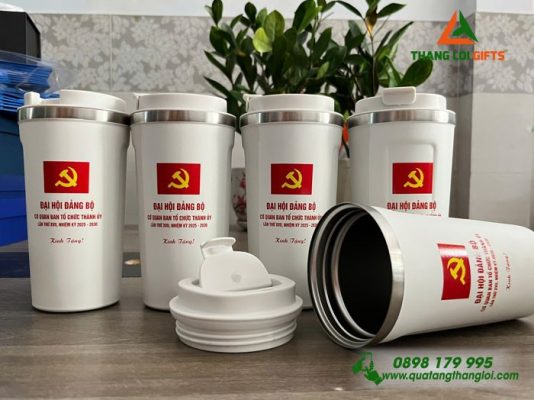 Ly Giữ Nhiệt Coffe 510ml - Màu Trắng - In Logo Đại Hội Đảng Bộ