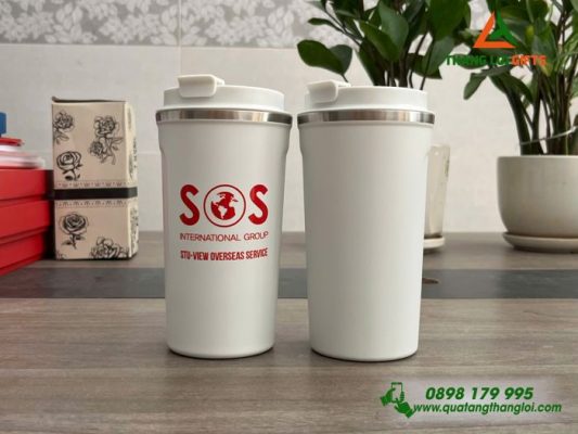Ly Giữ Nhiệt Coffee 510ml – Màu Trắng – In Logo Doanh Nghiệp SOS