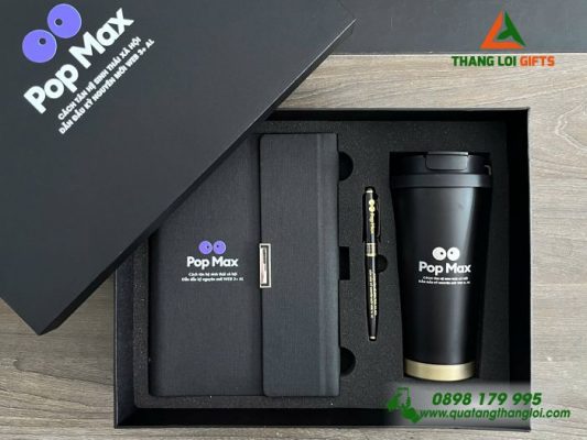 Combo Quà Tặng (Sổ+Ly+Bút) Màu Đen - In Khắc Logo Pop Max