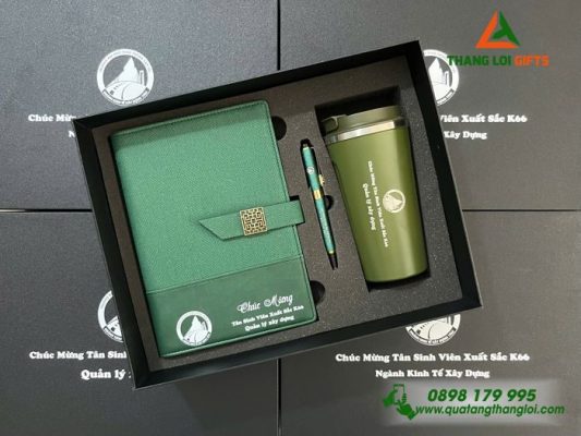 Giftset (Sổ+Ly+Bút) – In khắc logo Trường Đại học Giao Thông Vận Tải