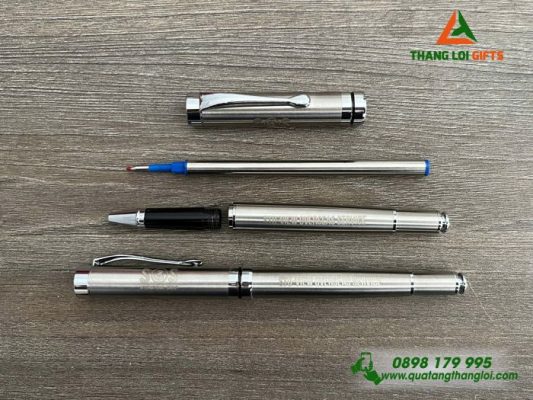 Bút Ký Kim Loại Nắp Đẩy Màu Bạc - Khắc Logo Doanh Nghiệp SOS