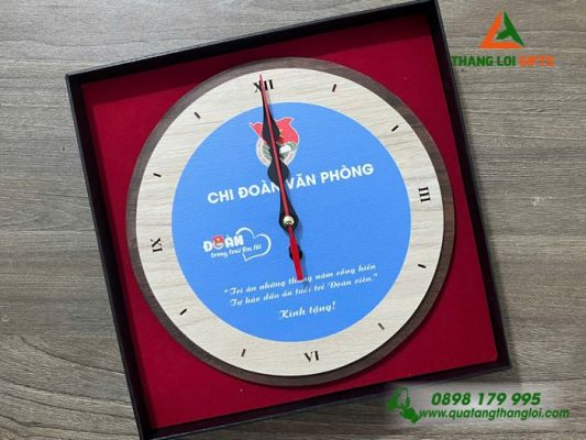 Đồng Hồ Gỗ Để Bàn - In Khắc Logo Đoàn Thanh Niên Cộng Sản HCM
