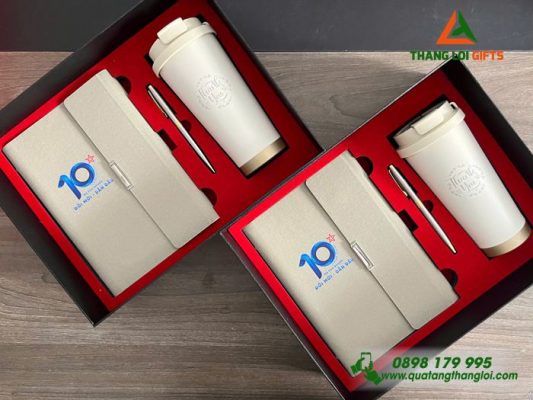 Combo Quà Tặng (Sổ+Ly+Bút) Màu Trắng – Khắc Logo Ngân Hàng MB
