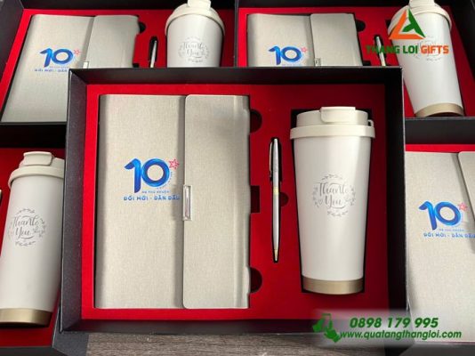 Combo Quà Tặng (Sổ+Ly+Bút) Màu Trắng – Khắc Logo Ngân Hàng MB