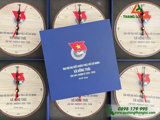 Đồng Hồ Gỗ Tròn - In Khắc Logo Đại Hội Đại Biểu Đoàn TNCS HCM